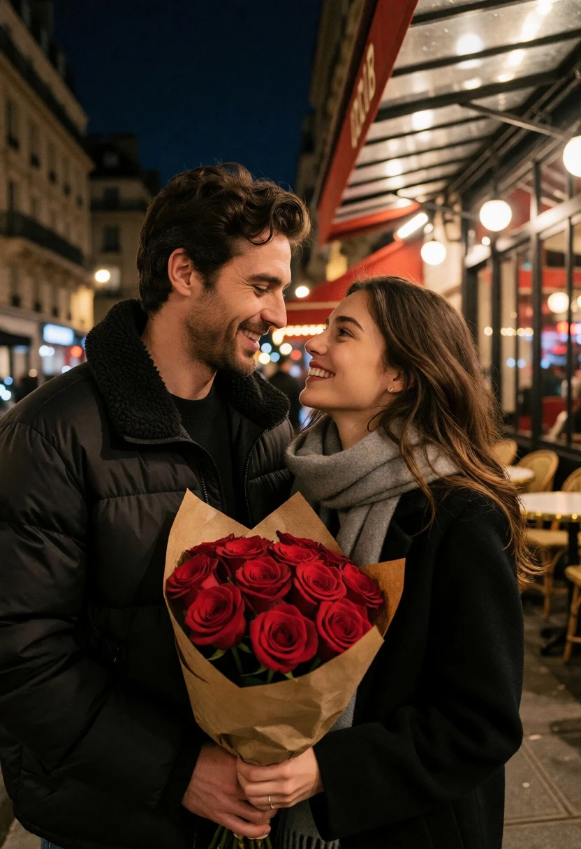 Romantic couple on paris sidewalk with red roses near illuminated cafe - AI generated image prompt sample