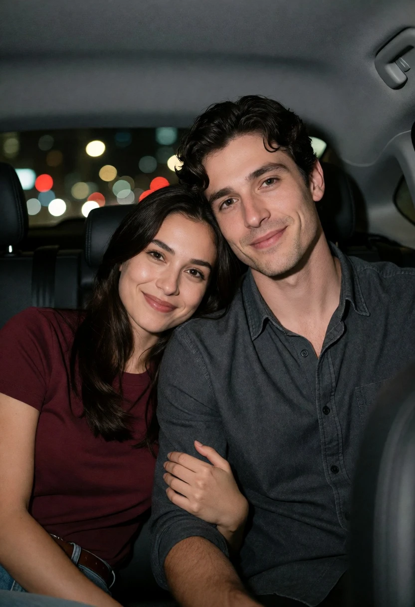 Couple sitting in back seat of car at night with blurred city - AI generated image prompt sample