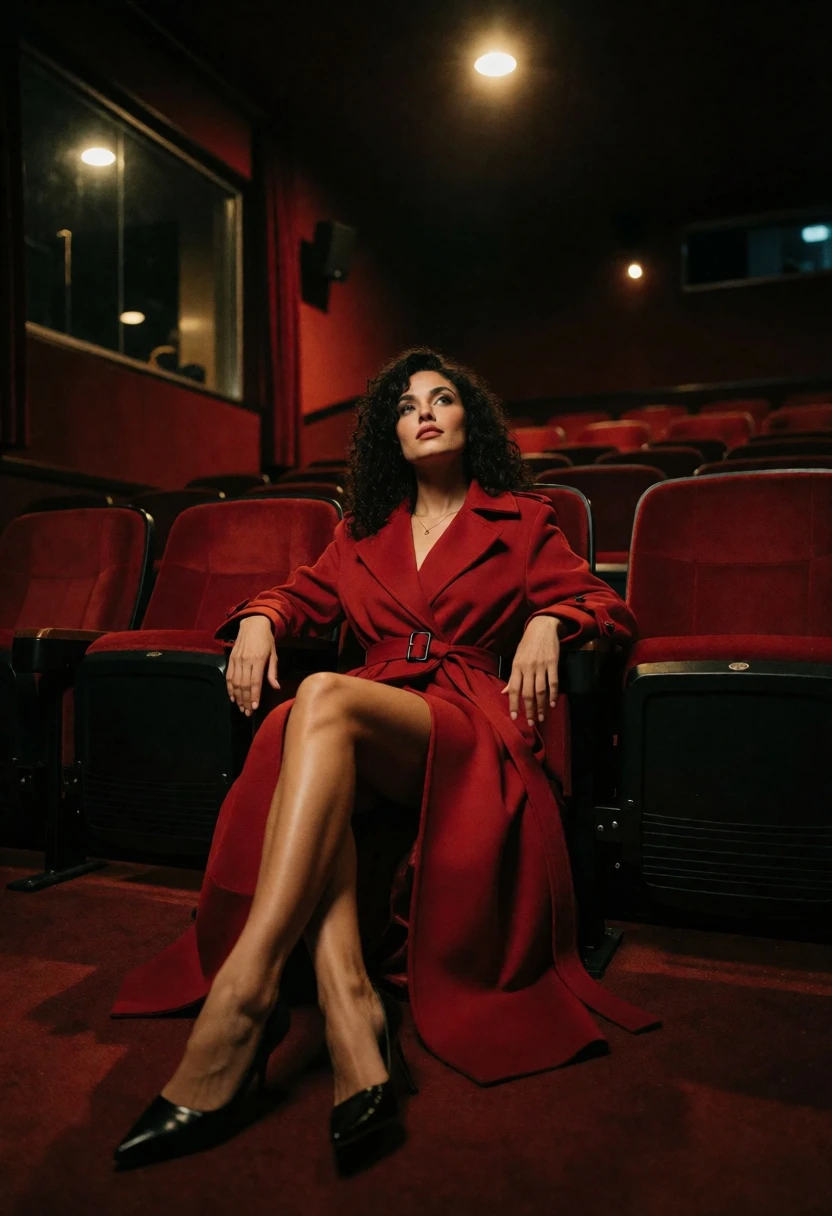 Woman in red coat sitting on cinema floor low angle shot - AI generated image prompt sample