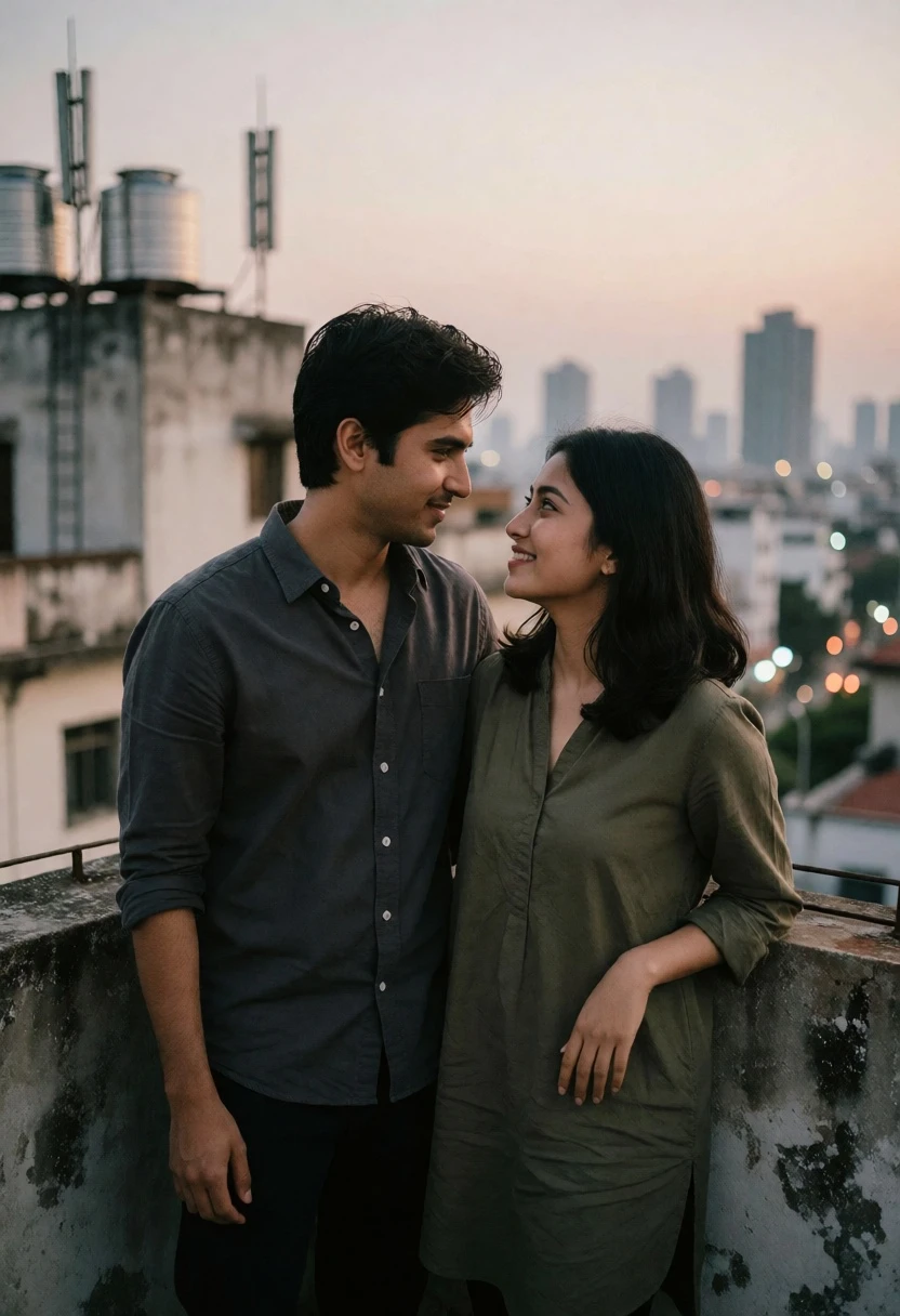 Romantic couple portrait on urban rooftop overlooking hazy city skyline at dusk - AI generated image prompt sample