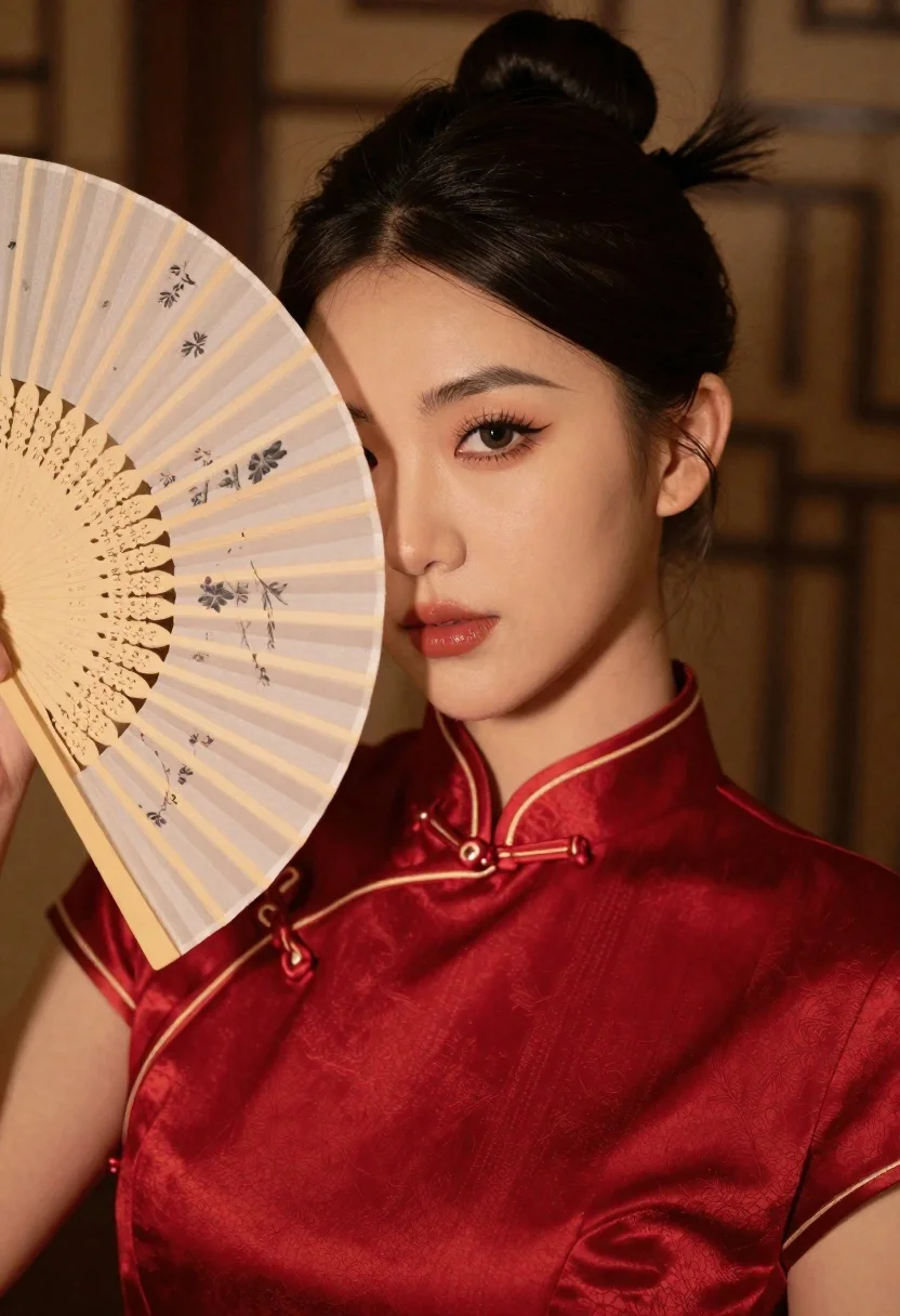 Woman in red satin cheongsam holding ornate fan near face - AI generated image prompt sample
