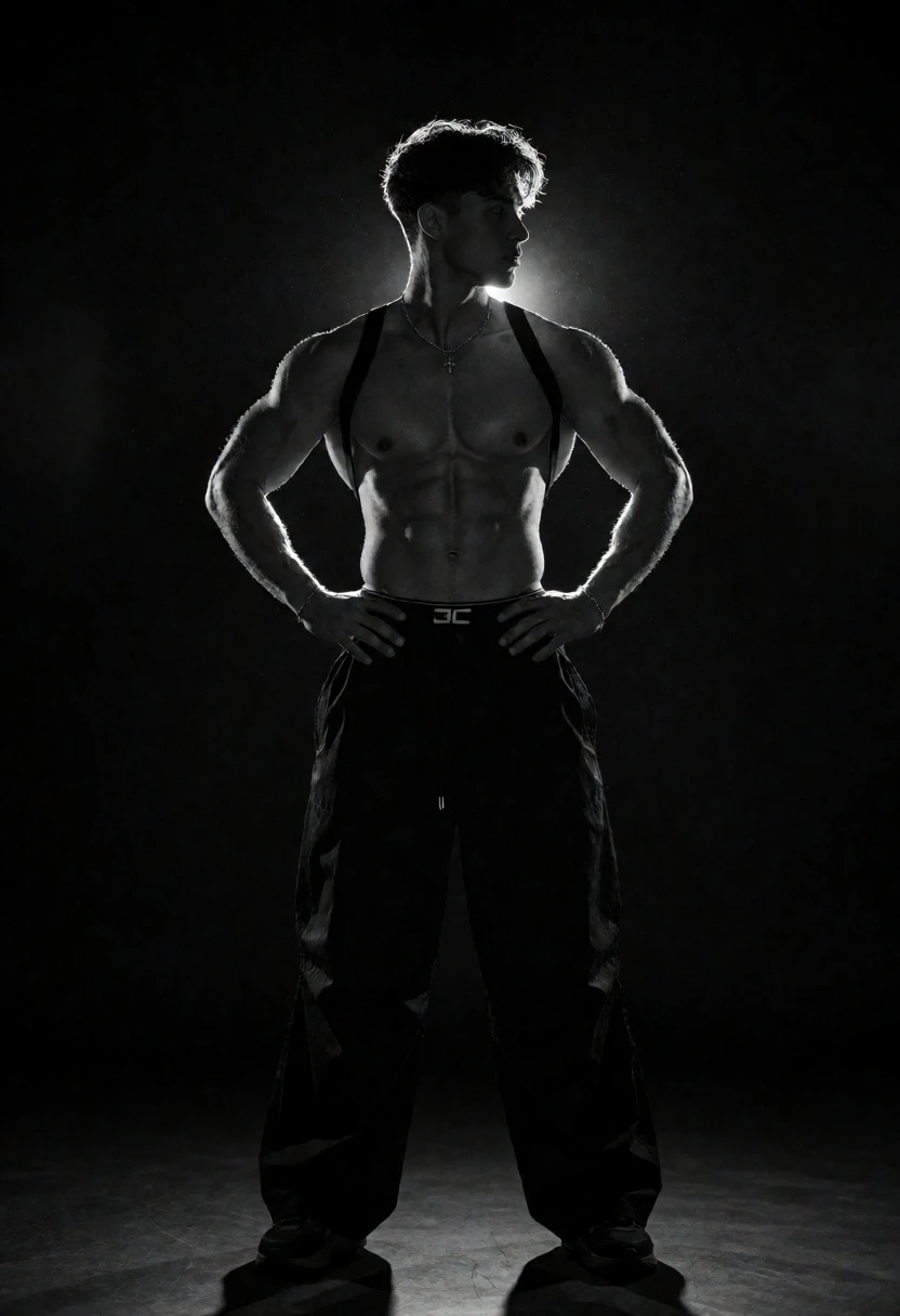Muscular man in dark trousers silhouetted by powerful rim light against black - AI generated image prompt sample