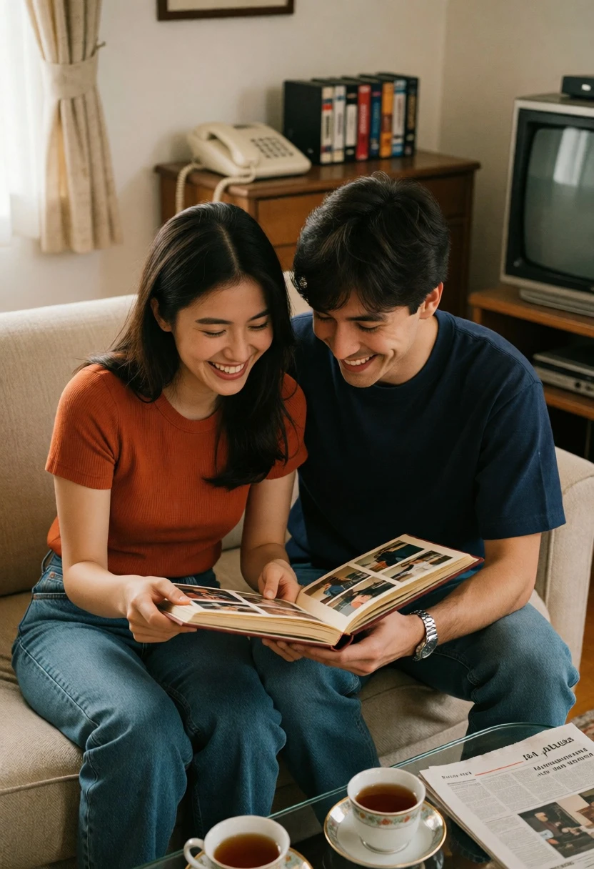 Young couple laughing together on beige sofa in cozy vintage living room - AI generated image prompt sample