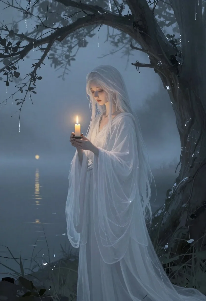 Ghostly woman with candle under gnarled tree in mist