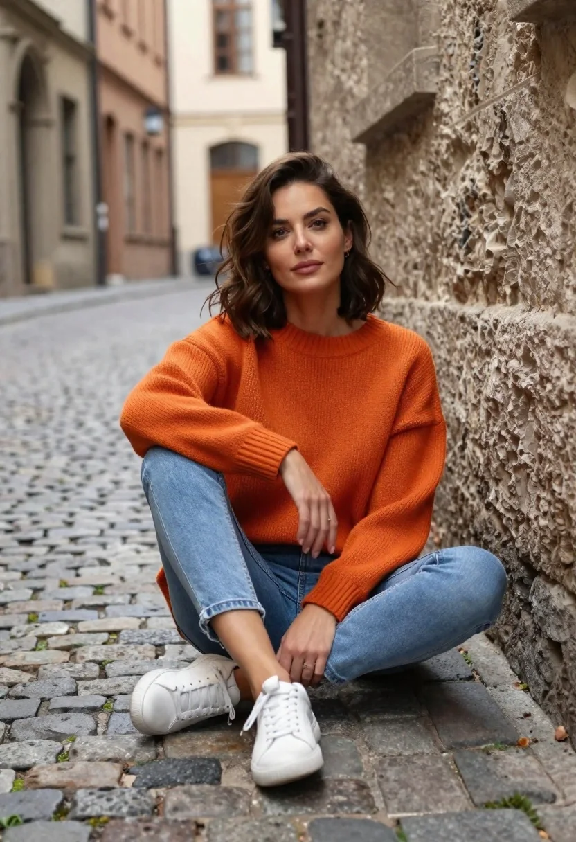 Woman sitting on cobblestone street in old european alley - AI generated image prompt sample