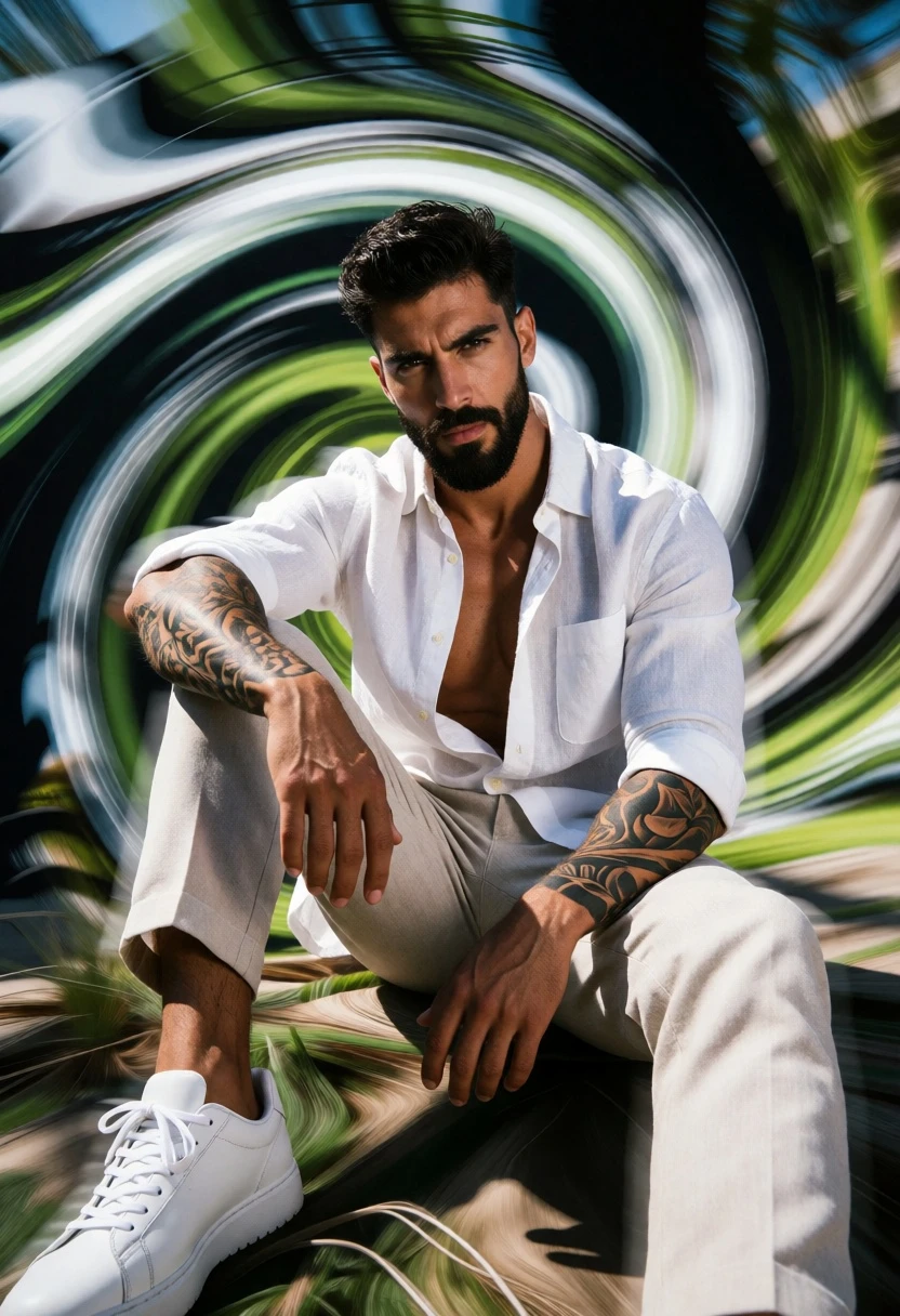 Muscular man sitting amidst abstract green white black vortex motion blur - AI generated image prompt sample