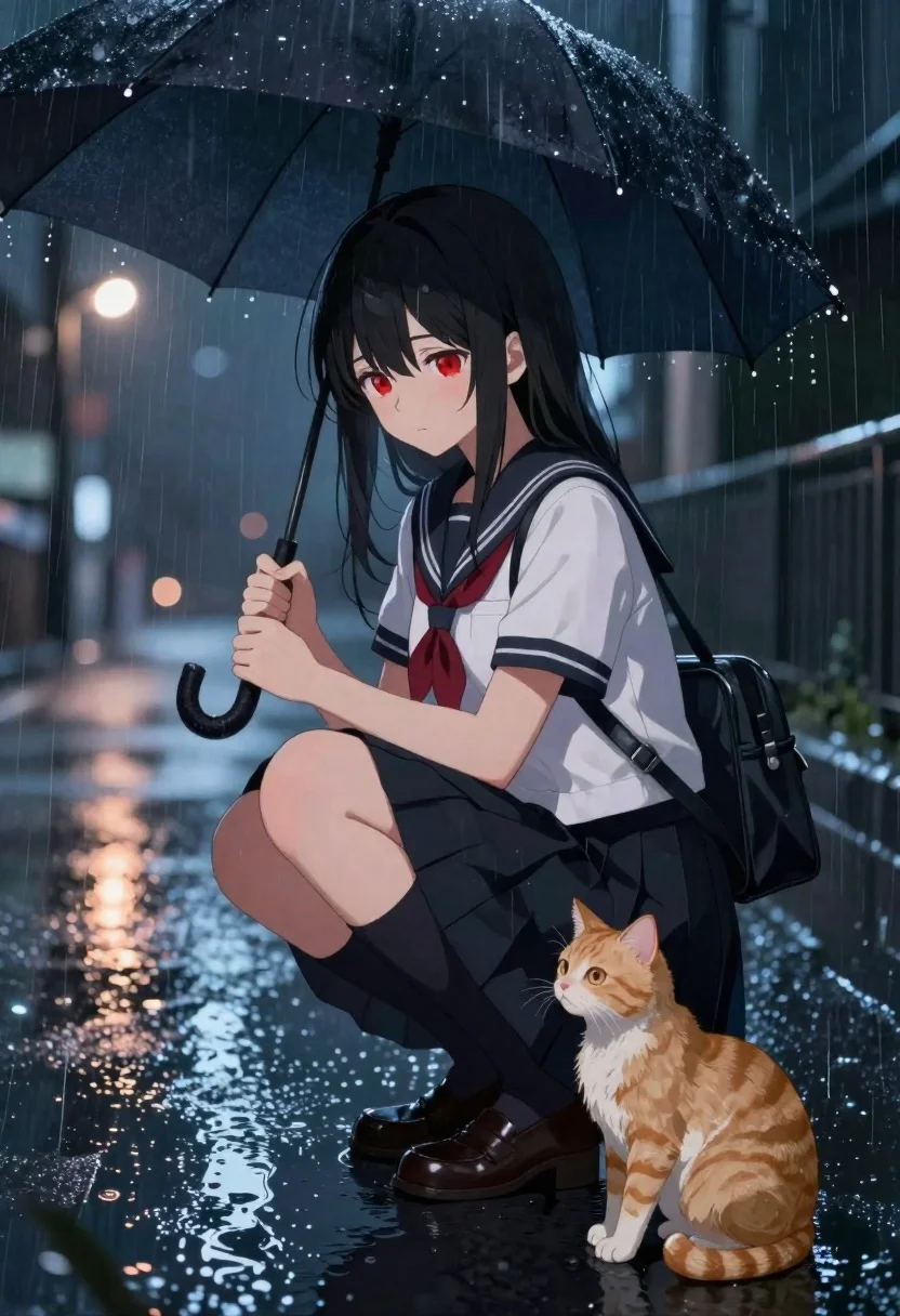 Girl in sailor uniform with cat on wet pavement - AI generated image prompt sample