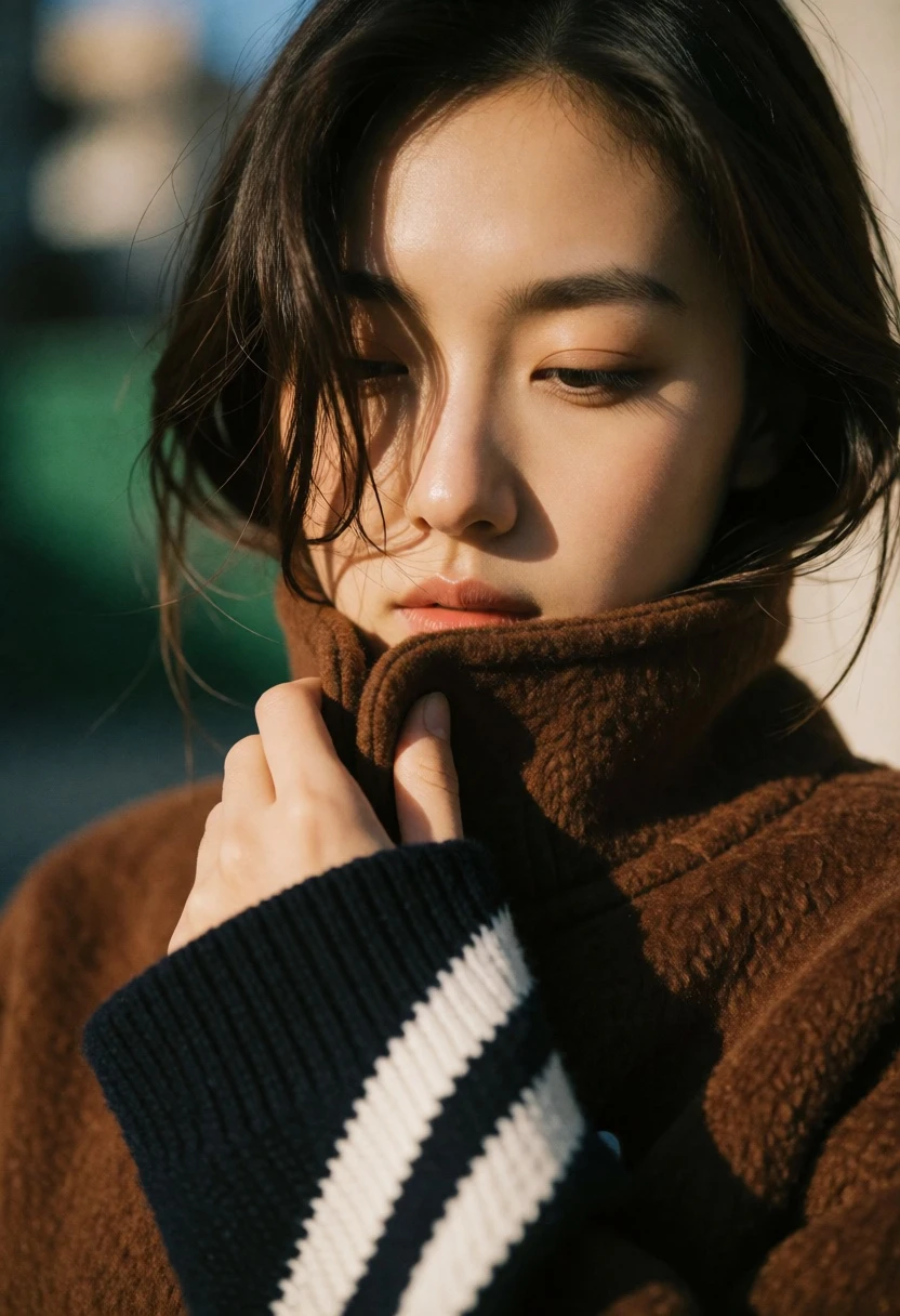 Close up portrait of woman in brown coat with sunlight highlighting face - AI generated image prompt sample