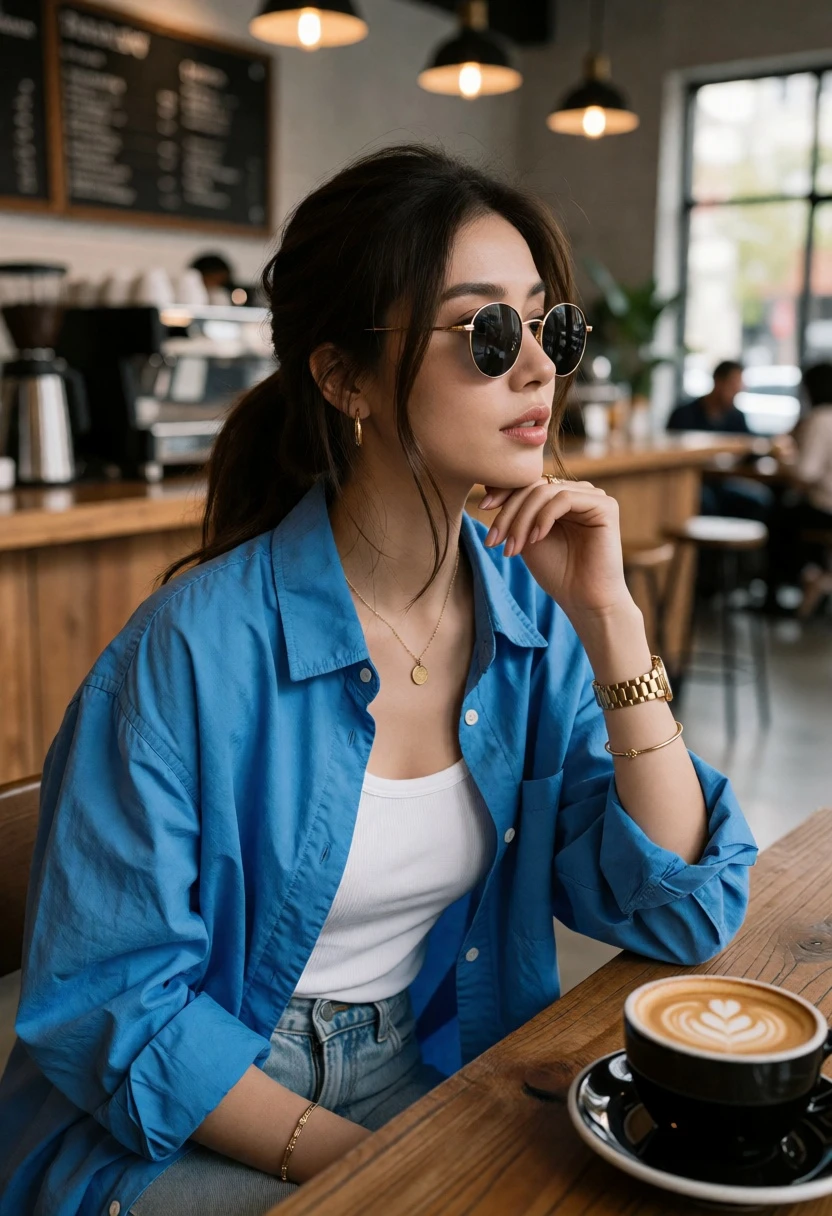 Stylish woman in blue shirt at modern cafe table with latte art - AI generated image prompt sample