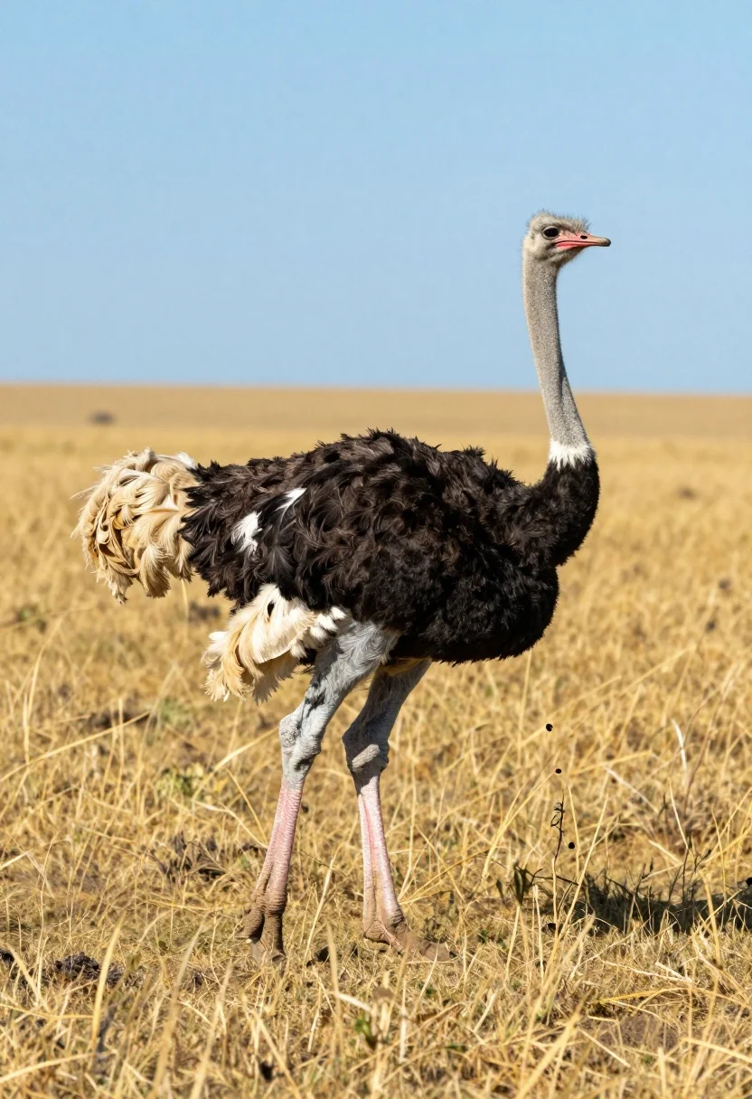 Majestic ostrich running across golden savanna under clear blue sky - AI generated image prompt sample