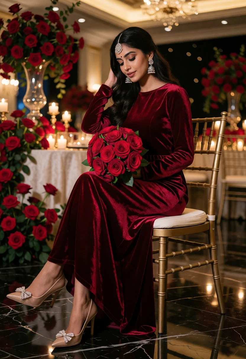 Woman in deep red velvet dress seated on gold chair at elegant - AI generated image prompt sample
