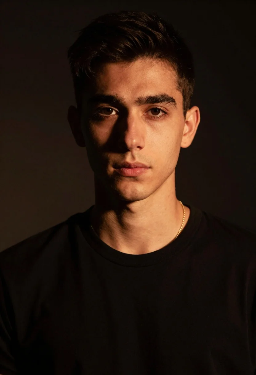 Portrait of young man with gold necklace under dramatic light