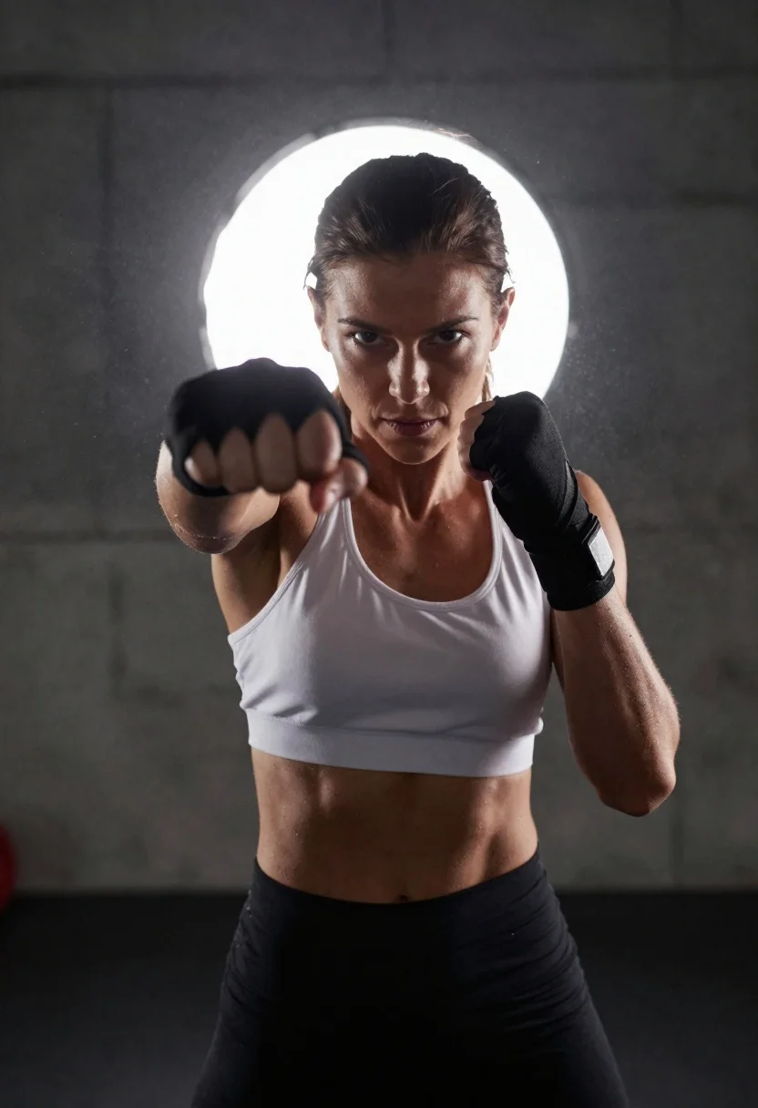 Muscular woman punching forward in a dark gritty gym setting