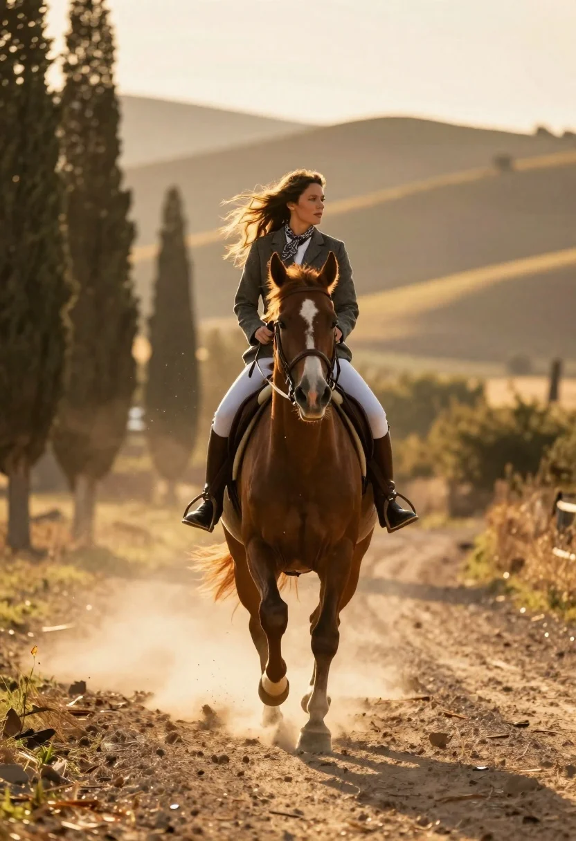 Woman riding chestnut horse galloping on dusty country road at golden hour - AI generated image prompt sample