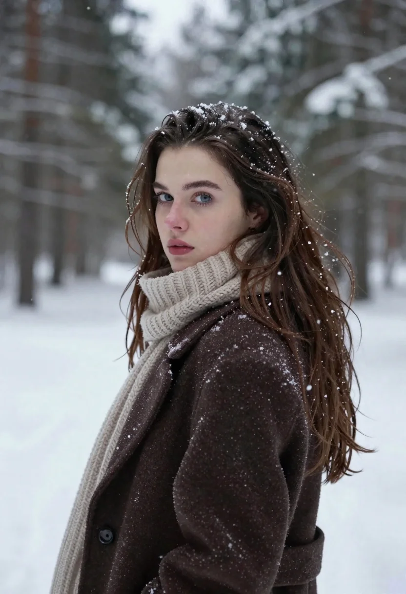 Fair skinned woman in brown coat looking back over shoulder in snowy - AI generated image prompt sample