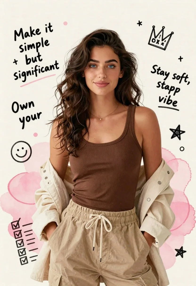 Young woman in brown tank top against pink watercolor doodle background - AI generated image prompt sample