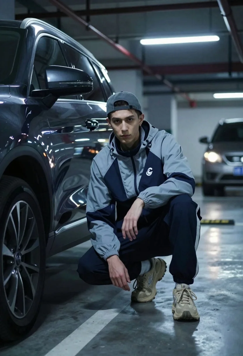 Young man crouching by dark suv in dimly lit underground parking garage - AI generated image prompt sample