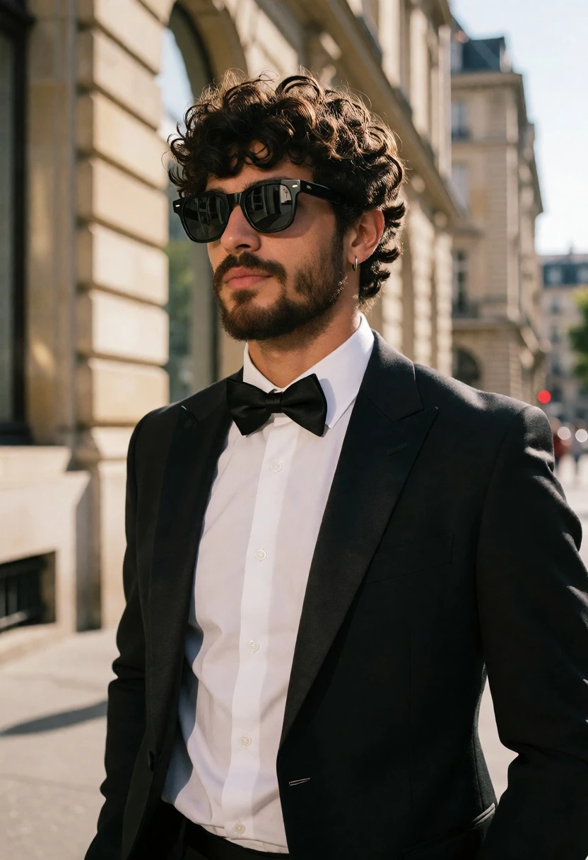 Handsome man in black tuxedo standing outdoors against beige stone buildings - AI generated image prompt sample