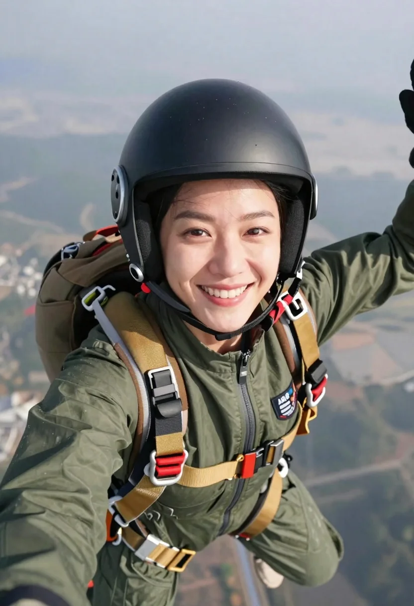 Smiling woman taking a selfie while skydiving