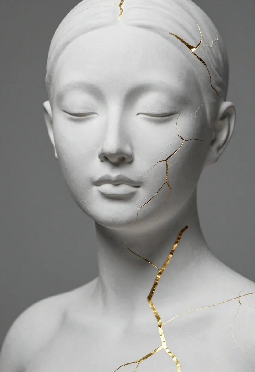 Close up portrait of serene bust with gold kintsugi cracks