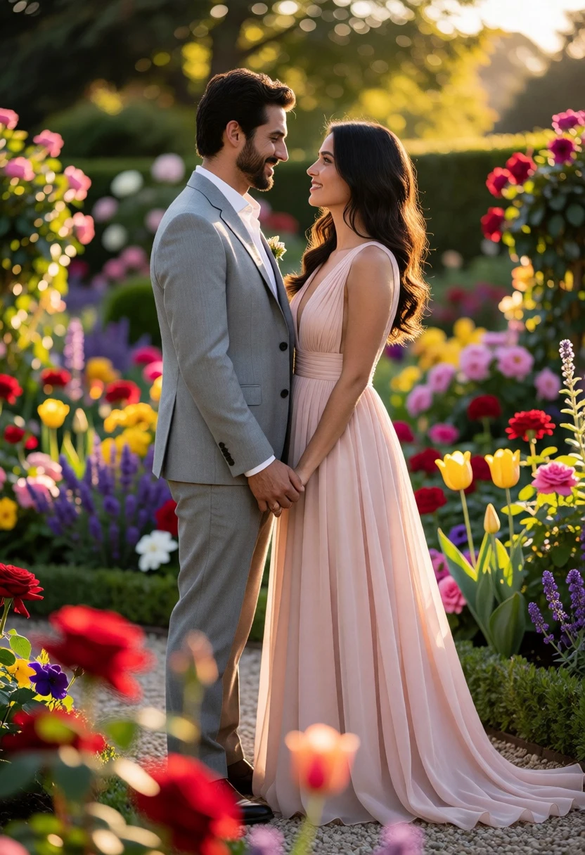 Romantic couple holding hands in a vibrant flower garden at golden hour - AI generated image prompt sample