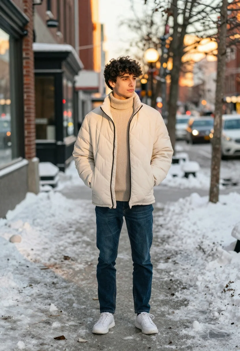 Young man in puffer jacket standing on snowy city sidewalk during winter - AI generated image prompt sample