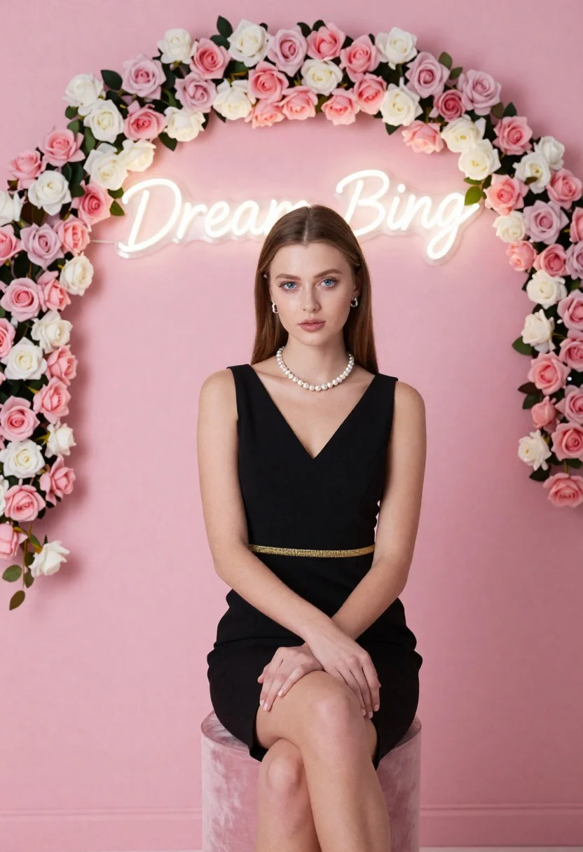 Portrait of woman in black dress with rose arch backdrop - AI generated image prompt sample