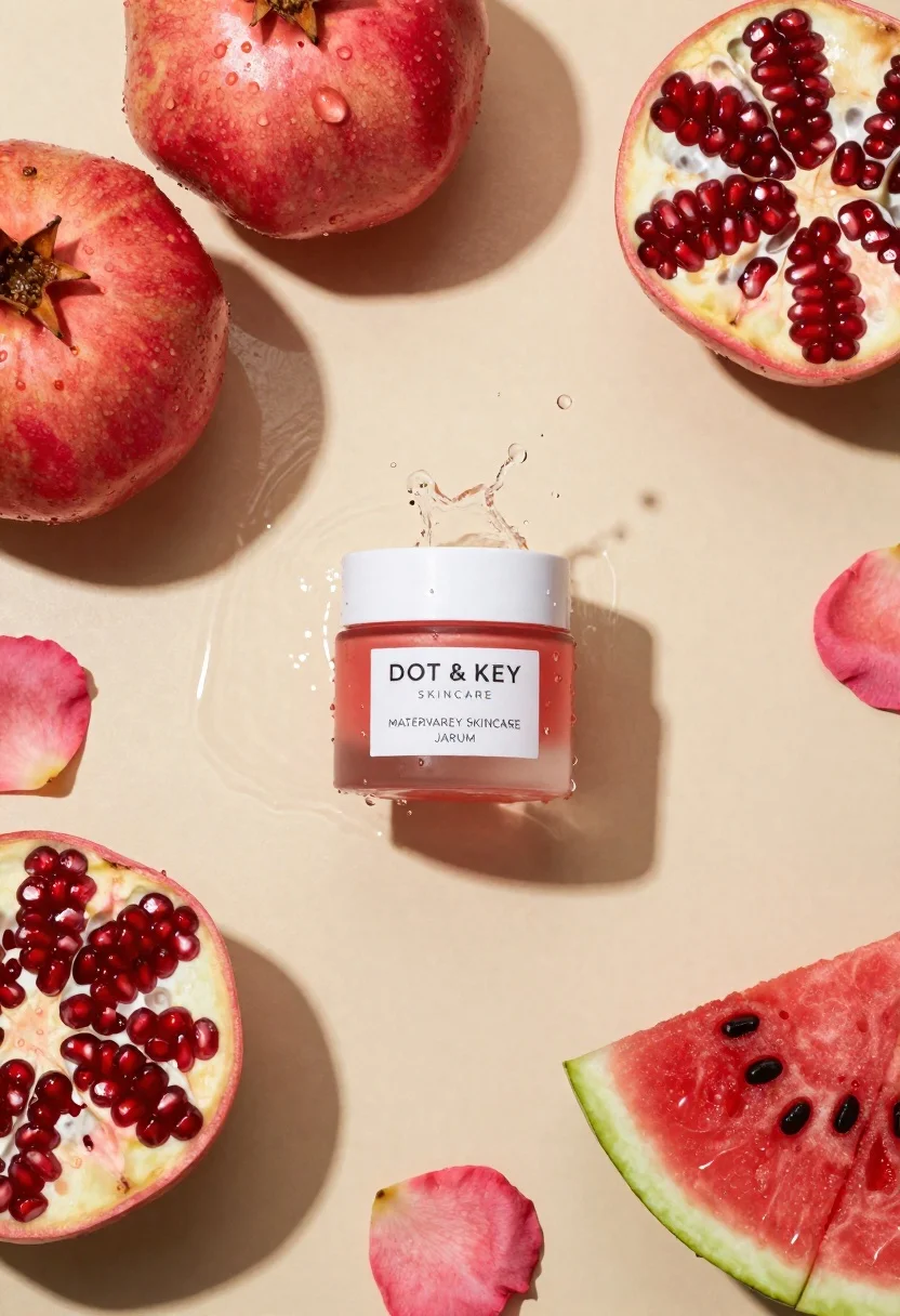 Top down flat lay of skincare jar with fruit and water splashes - AI generated image prompt sample