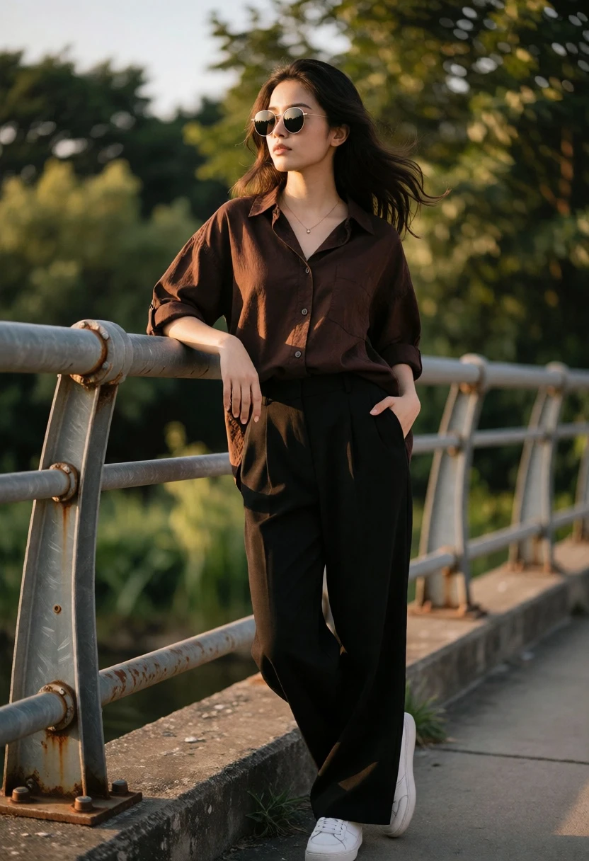 Young woman leaning on bridge railing during golden hour sunlight - AI generated image prompt sample