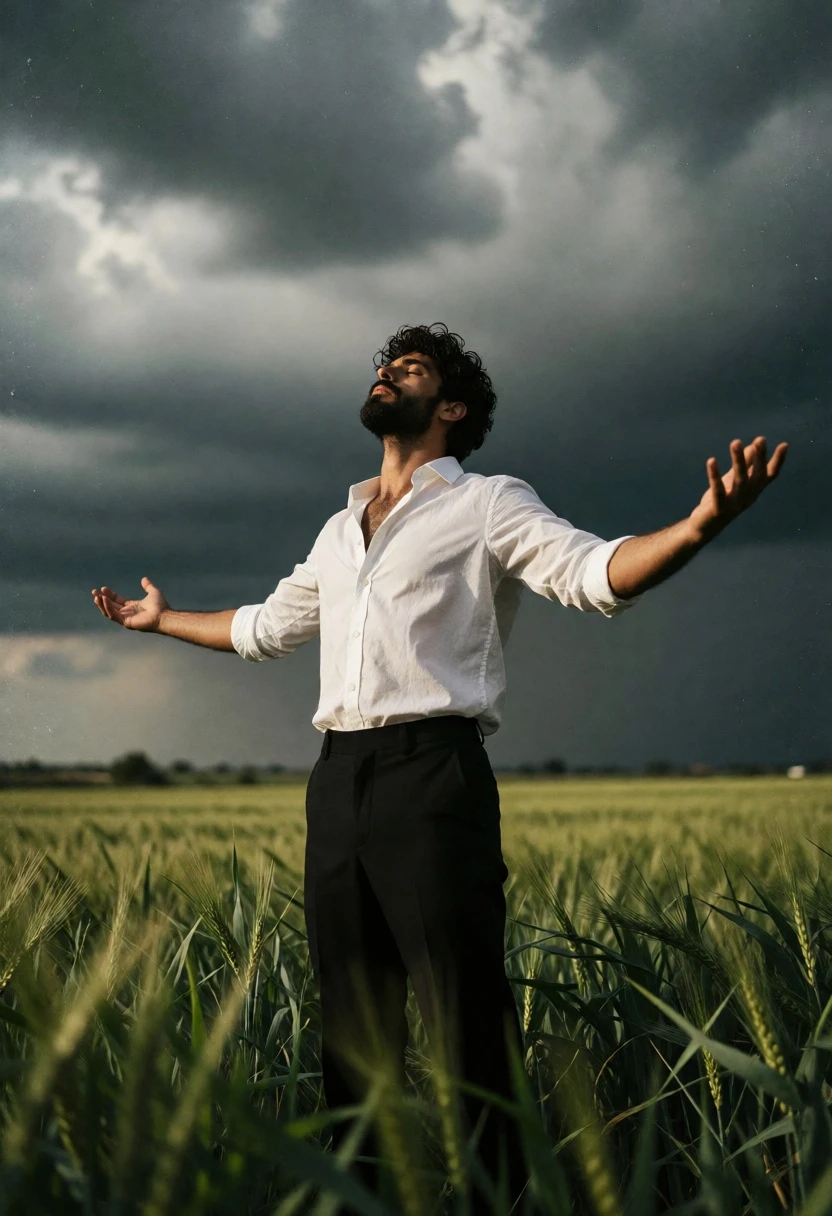 Bearded man standing in vast green field under dramatic stormy sky - AI generated image prompt sample