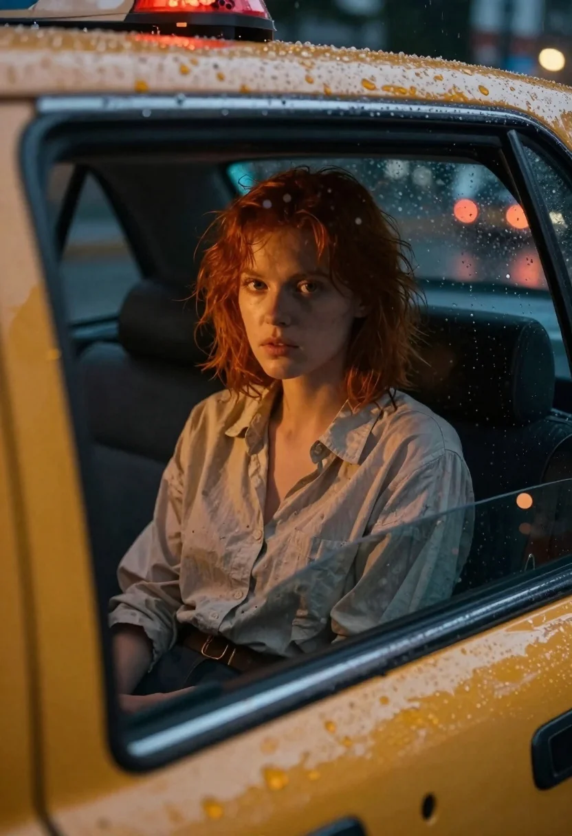 Young woman with red hair inside yellow taxi cab on rainy night - AI generated image prompt sample