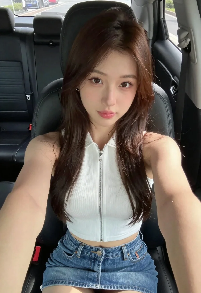 Young woman taking a selfie in a car seat with brown hair