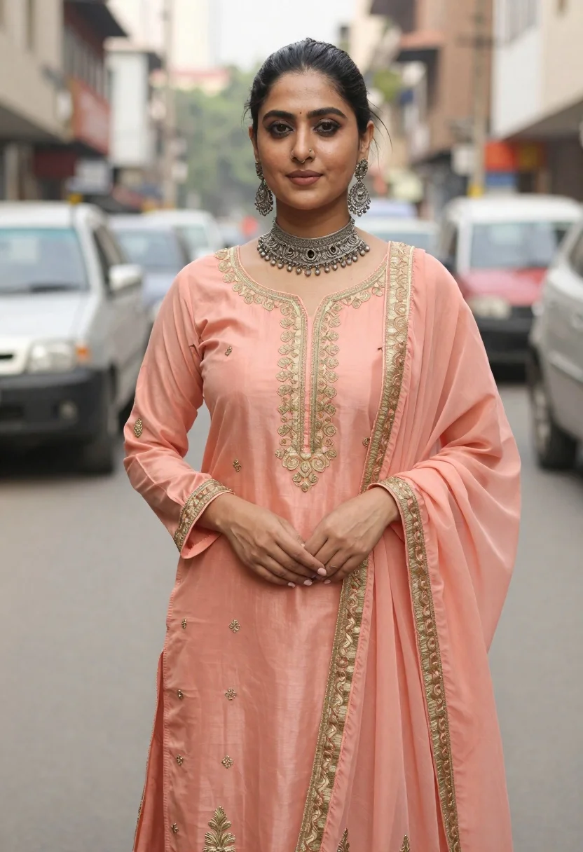 Woman in peach traditional outfit with gold embroidery on city street - AI generated image prompt sample