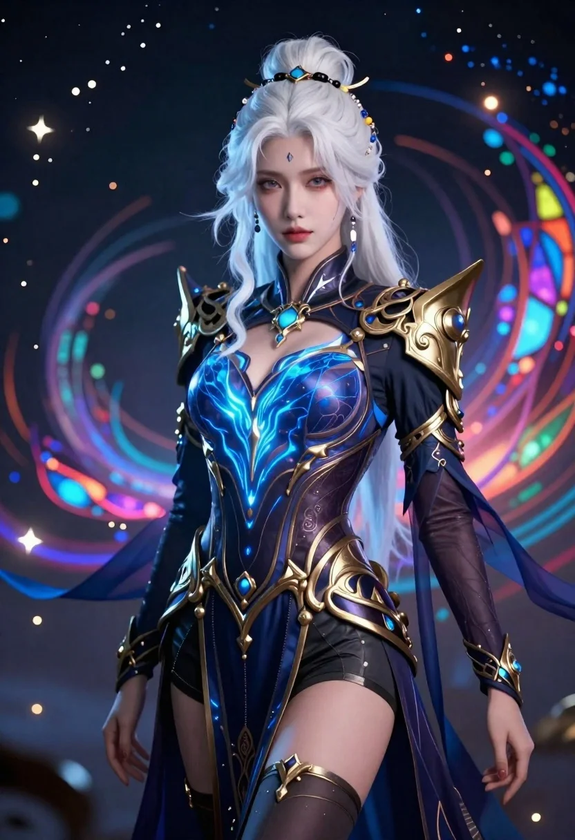 Ethereal woman portrait with white hair and fantasy attire - AI generated image prompt sample