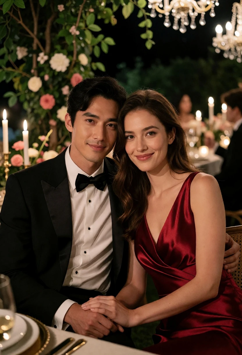 Couple seated at elegant outdoor evening dinner party with soft lighting - AI generated image prompt sample