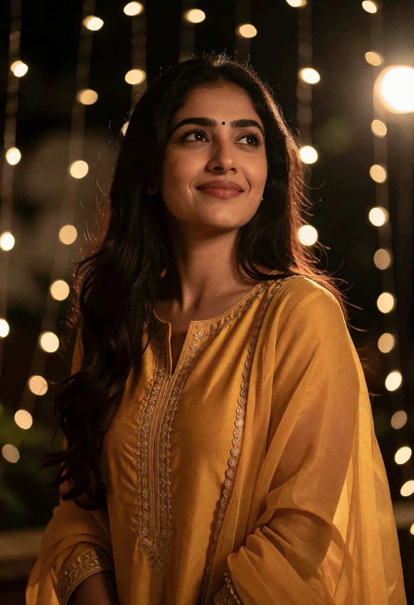 Woman in mustard tunic under glowing string lights with soft smile - AI generated image prompt sample