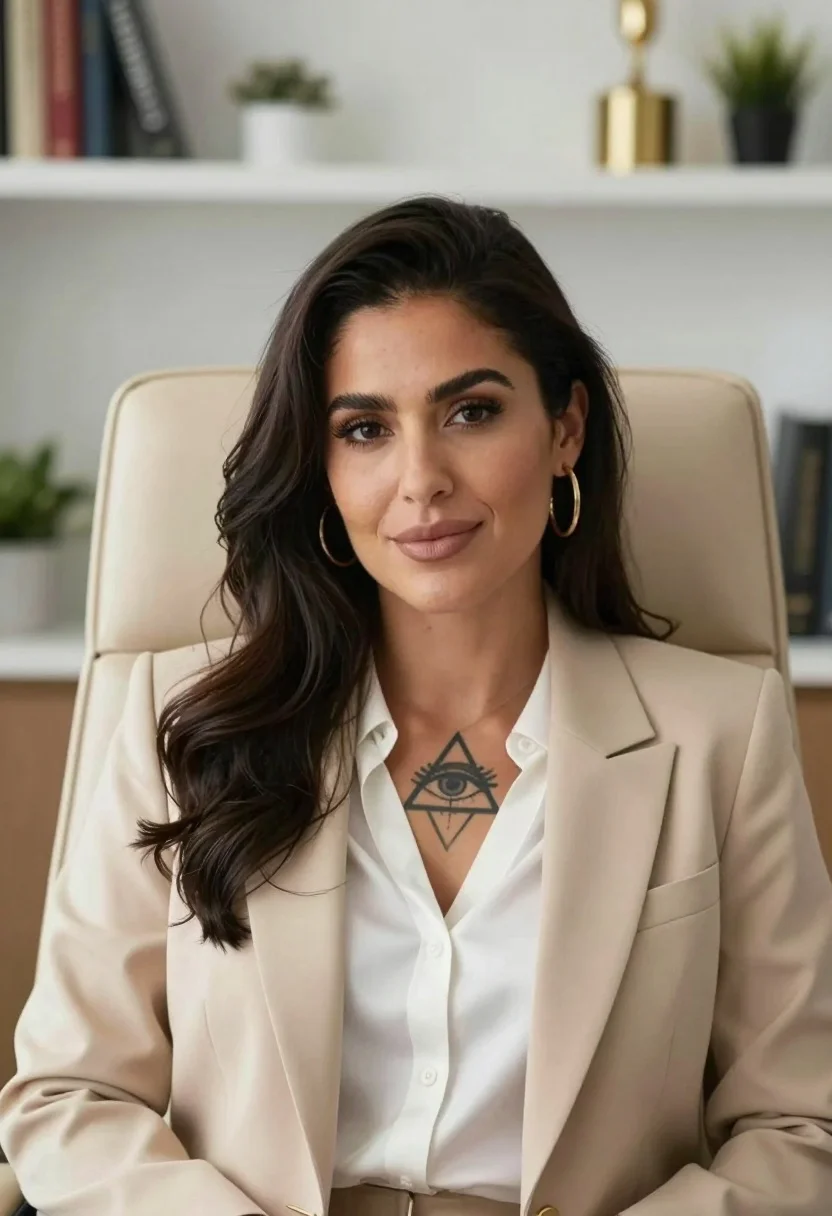 Professional portrait of woman with dark wavy hair sitting in modern office - AI generated image prompt sample
