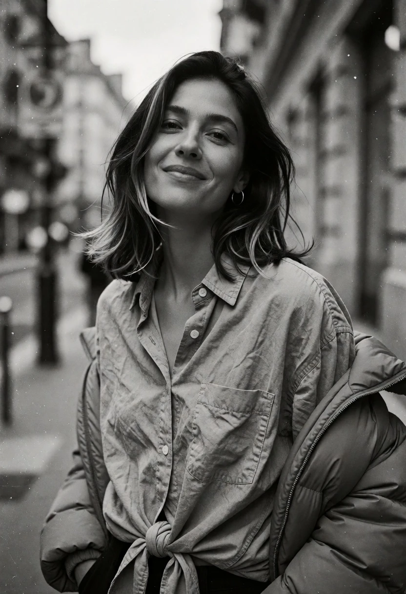Black and white street portrait of woman on urban sidewalk with natural - AI generated image prompt sample