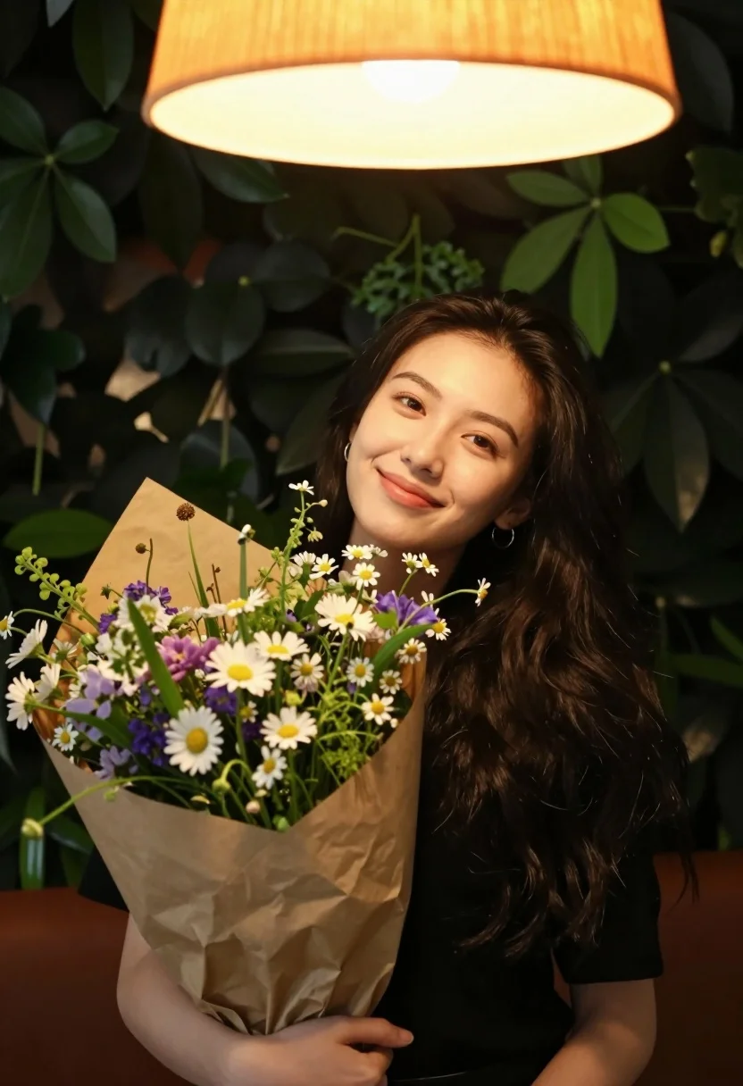 Young woman with wildflowers smiling under glowing orange lampshade foliage - AI generated image prompt sample
