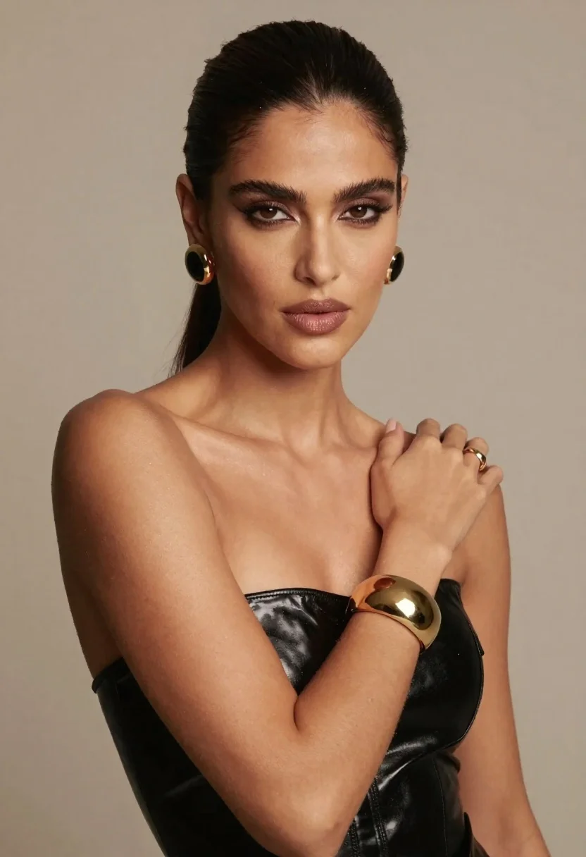 Dark skinned woman in black top posing with gold jewelry studio portrait
