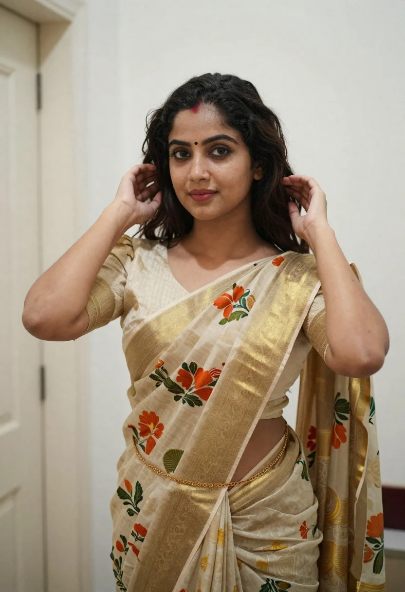 Young woman in traditional indian saree posing indoors with soft lighting