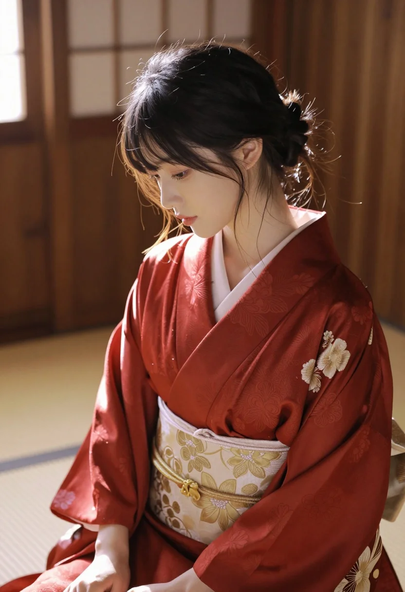 Medium close up portrait of east asian woman in red kimono indoors - AI generated image prompt sample