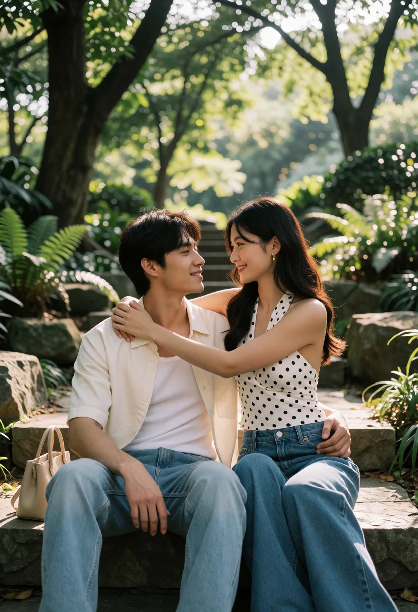 Romantic couple sitting intimately on stone steps in sundappled park setting - AI generated image prompt sample