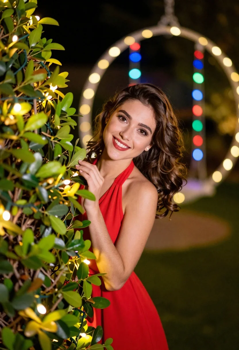 Young woman in red top peeking from behind garden hedge at night - AI generated image prompt sample