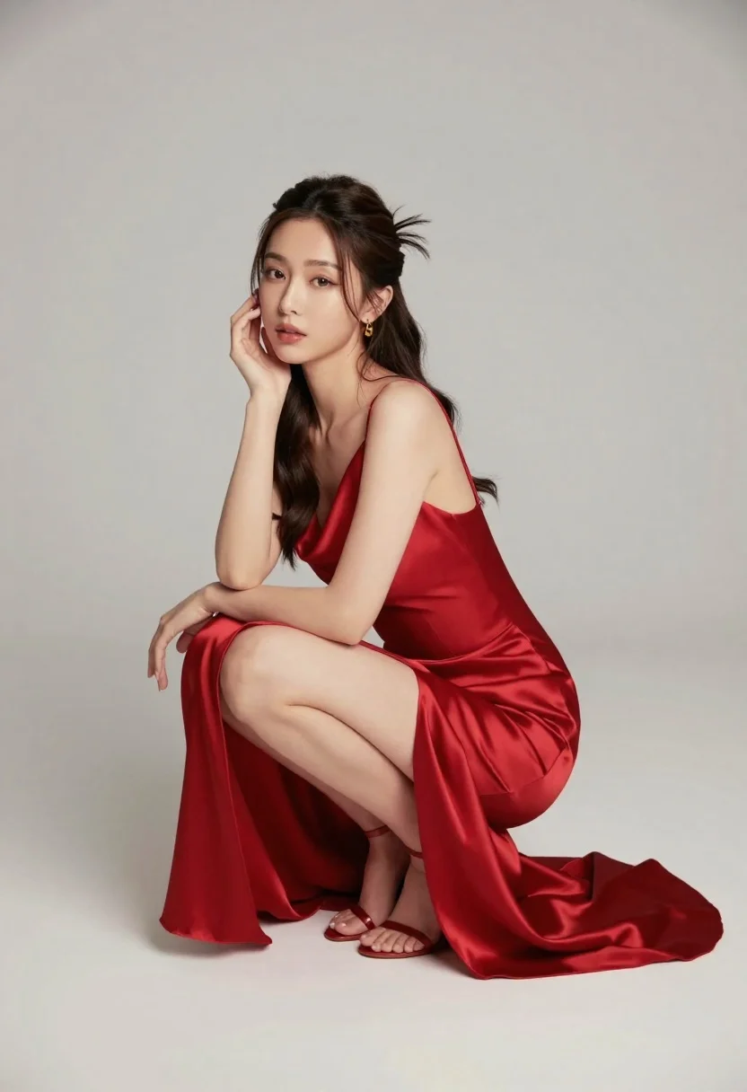 Woman in red satin slip dress crouching against plain studio background - AI generated image prompt sample