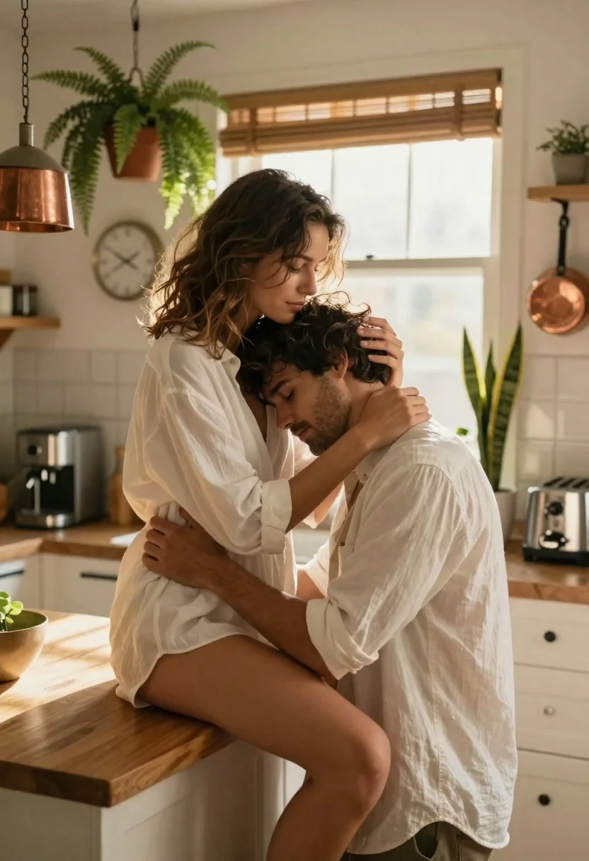 Young couple embracing in a sunlit kitchen during golden hour - AI generated image prompt sample