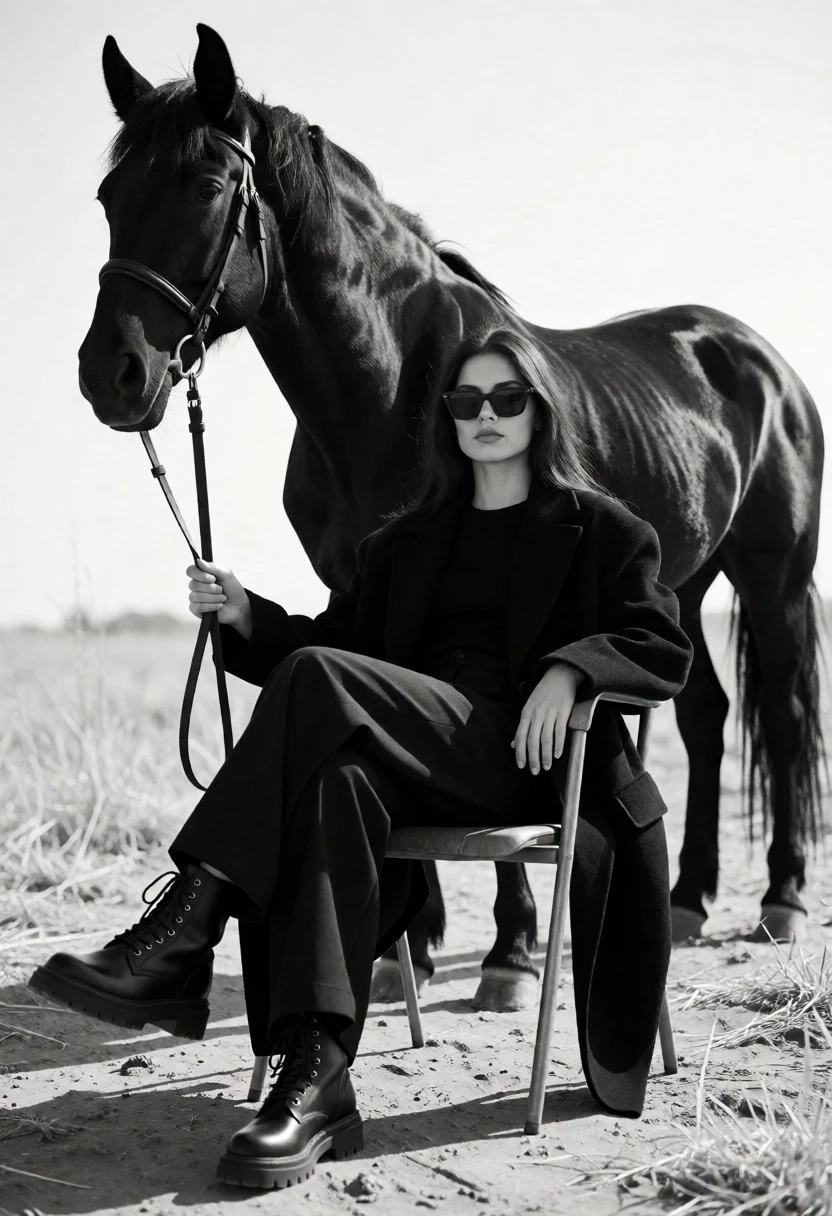 Monochrome portrait of woman seated near a black horse in an open - AI generated image prompt sample