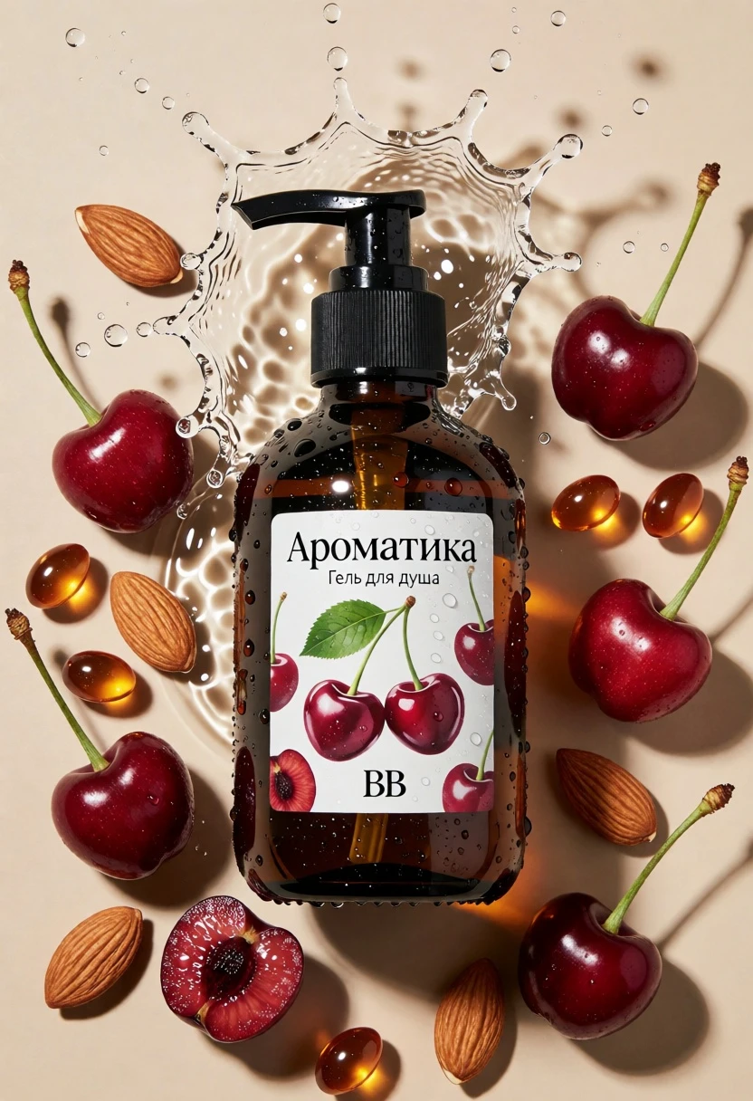 Topdown studio shot of amber pump bottle with cherries and almonds - AI generated image prompt sample