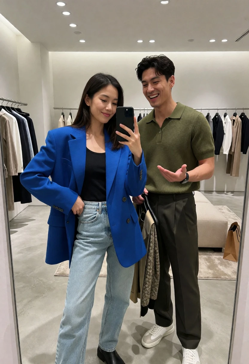 Couple taking a mirror selfie in a modern clothing retail store setting - AI generated image prompt sample