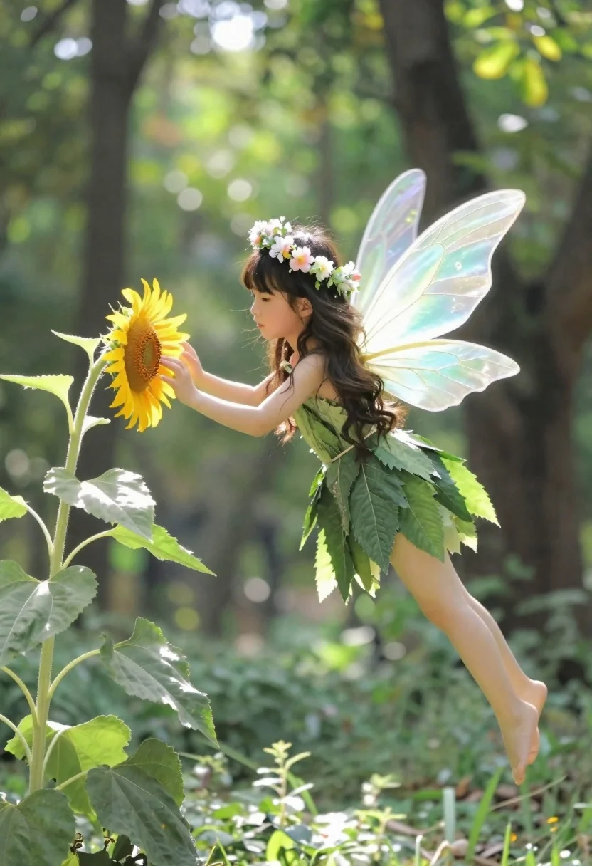 Young fairy girl touching sunflower in sunlit lush green forest - AI generated image prompt sample